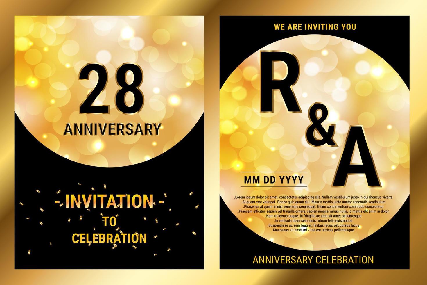 28th years birthday vector black paper luxury invitation double card. Wedding anniversary celebration brochure. Template of invitational for print black and gold background