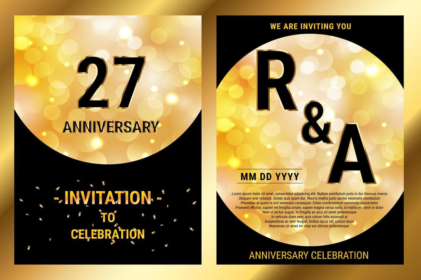 Tarjeta doble de invitación de lujo de papel negro vectorial de cumpleaños de 27 años. folleto de celebración de aniversario de boda. plantilla de invitación para imprimir fondo negro y dorado vector