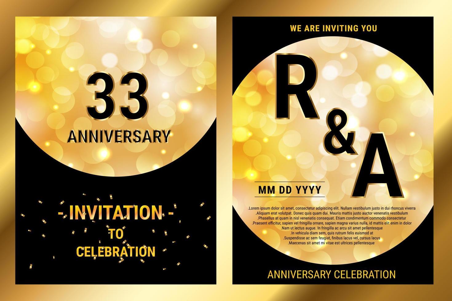 33th years birthday vector black paper luxury invitation double card. Wedding anniversary celebration brochure. Template of invitational for print black and gold background