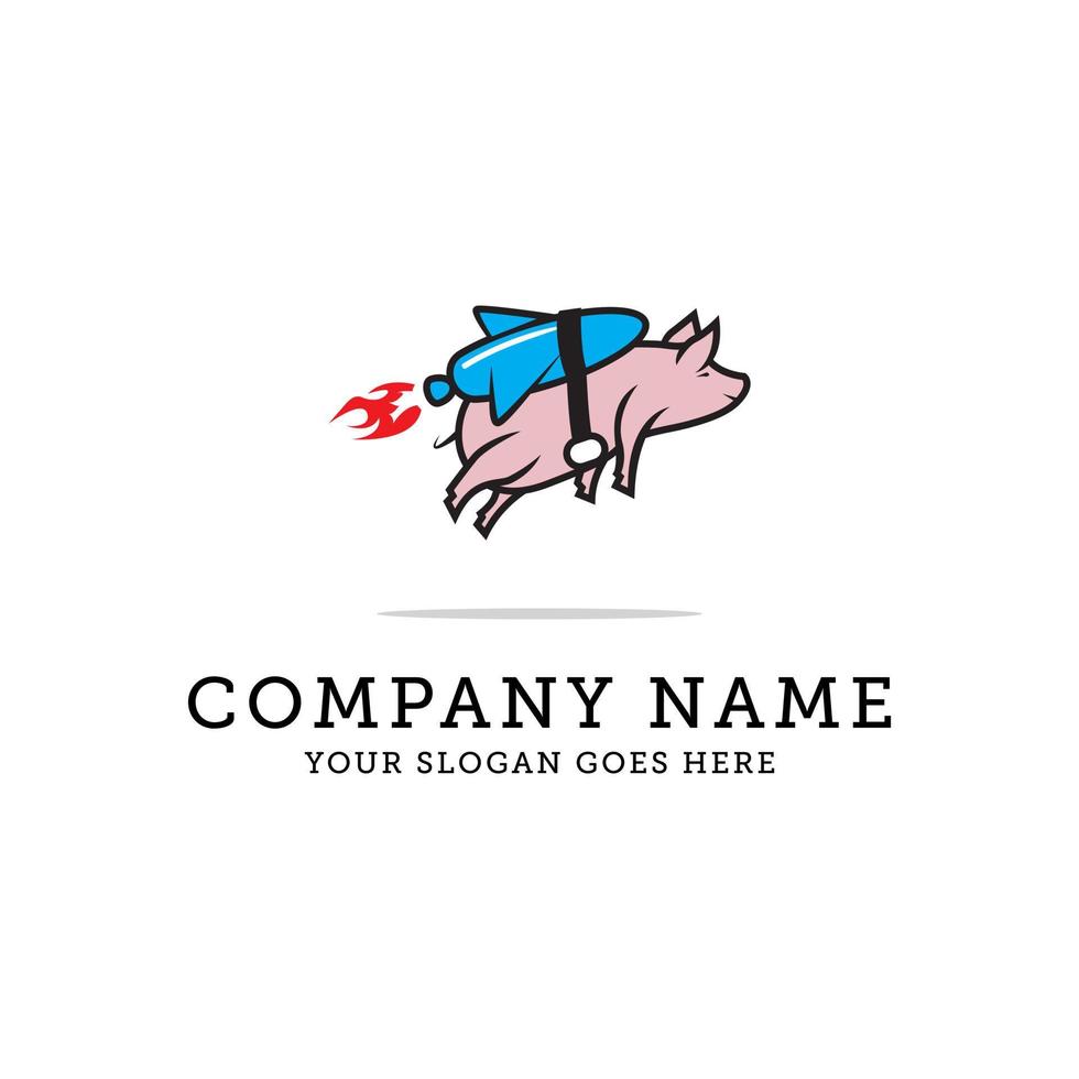 con diseño de logotipo de cohete, ilustración de vector de cuidado de mascotas de animales de dibujos animados de cerdo lindo