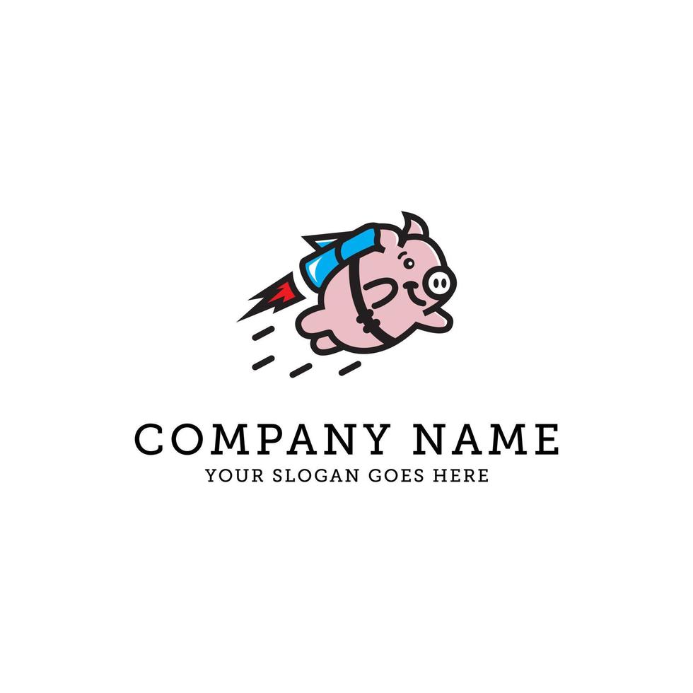 Pig flying with rocket logo design, cute pig cartoon animal pet care vector illustration