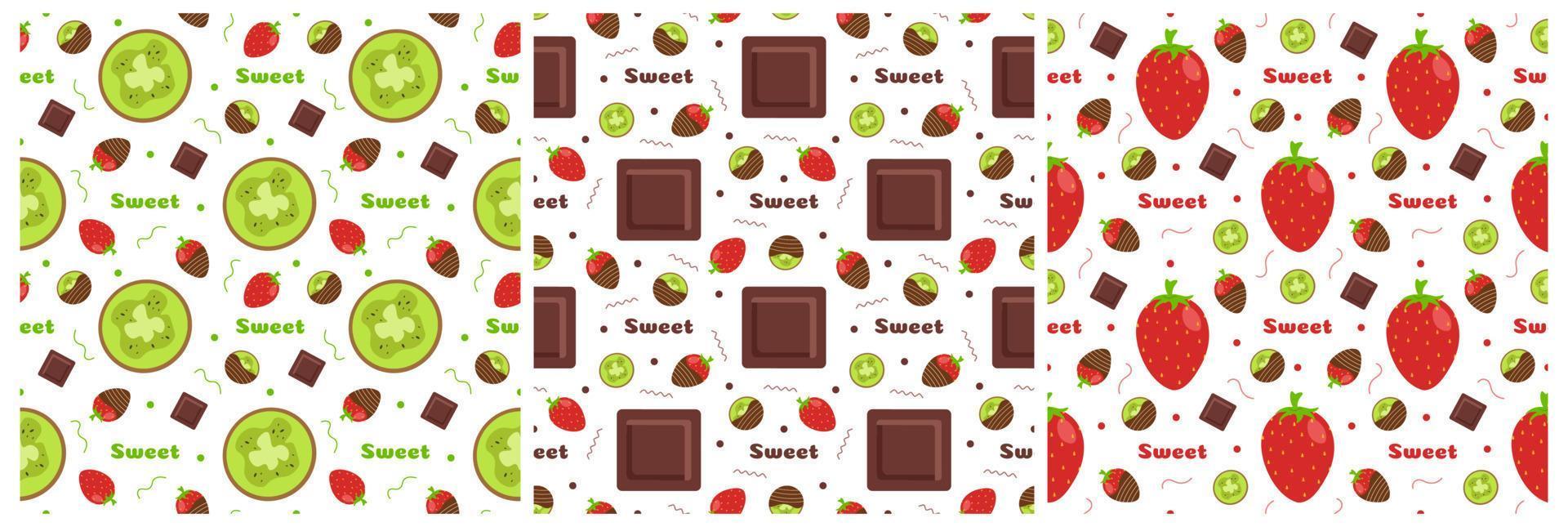 conjunto de diseño de patrones sin fisuras de chocolate con decoración de choco en plantilla ilustración de dibujos animados dibujados a mano vector