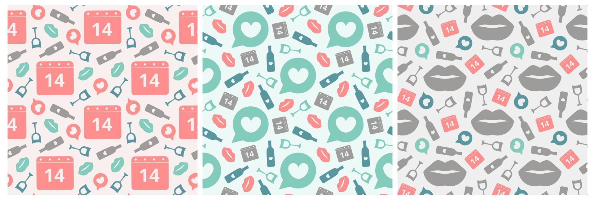 Set of Happy Valentine's Day Seamless Pattern Design with Decoration in Template Hand Drawn Cartoon Flat Illustration vector
