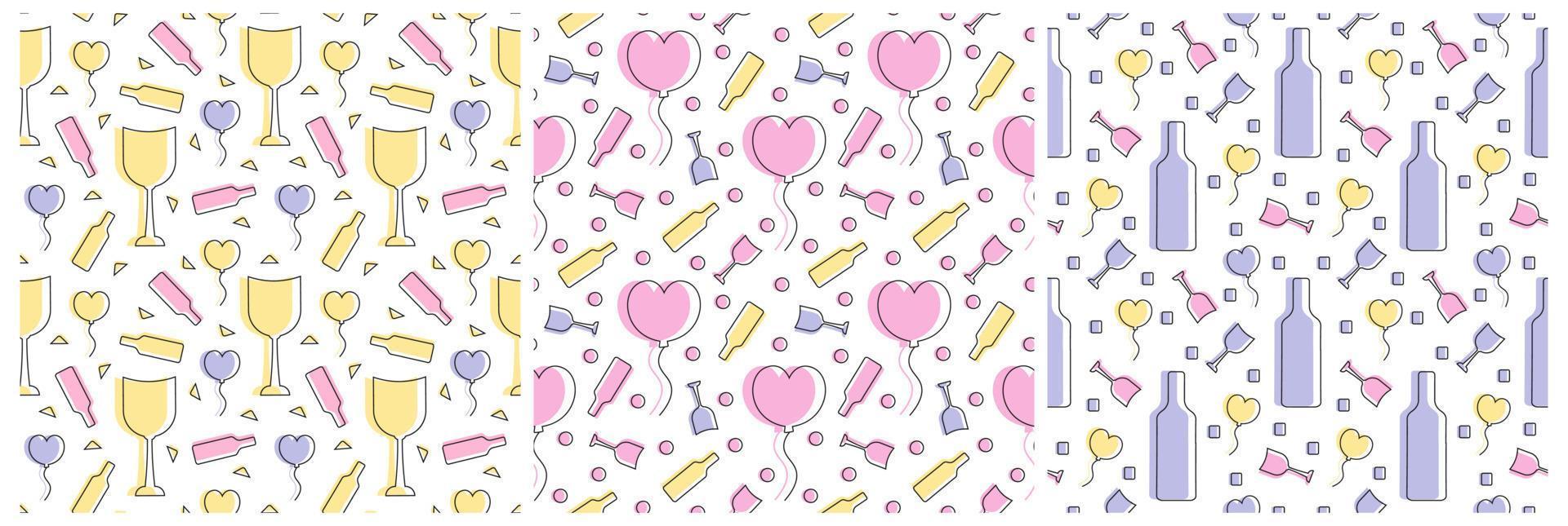 conjunto de feliz día de san valentín diseño de patrones sin fisuras con decoración en plantilla ilustración plana de dibujos animados dibujados a mano vector