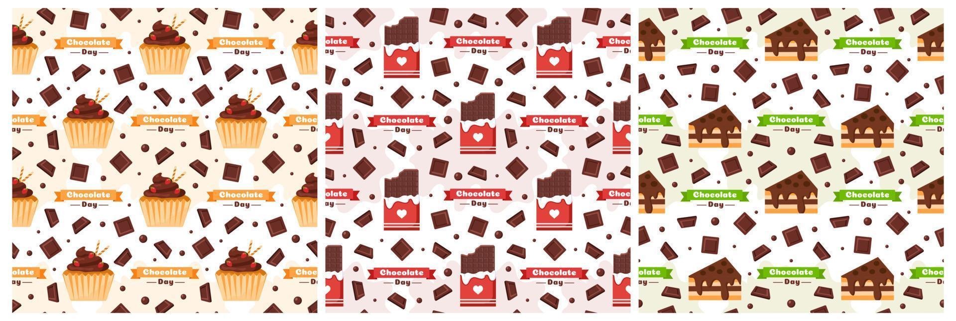 conjunto de diseño de patrones sin fisuras de chocolate con decoración de choco en plantilla ilustración de dibujos animados dibujados a mano vector