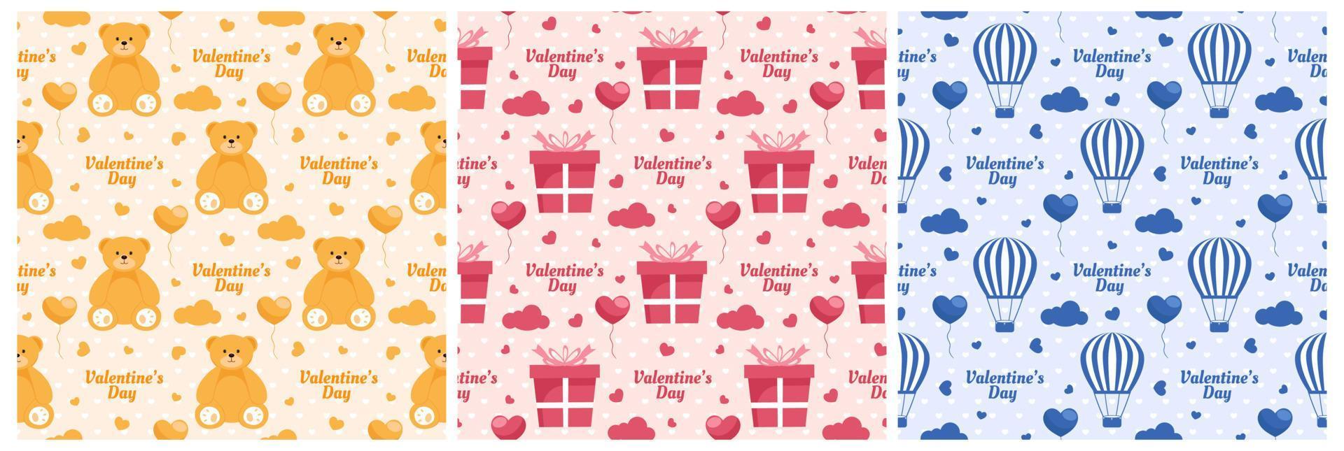 Set of Happy Valentine's Day Seamless Pattern Design with Decoration in Template Hand Drawn Cartoon Flat Illustration vector