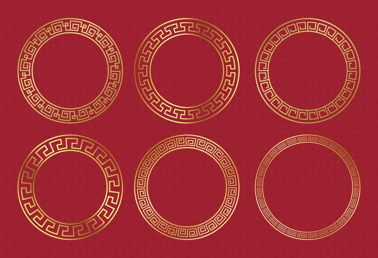 Collection Set vector decorative Traditional circle golden border round frame embellishment to celebrate Chinese new year festival. floral meander pattern Oriental Asian line pattern ornament style.