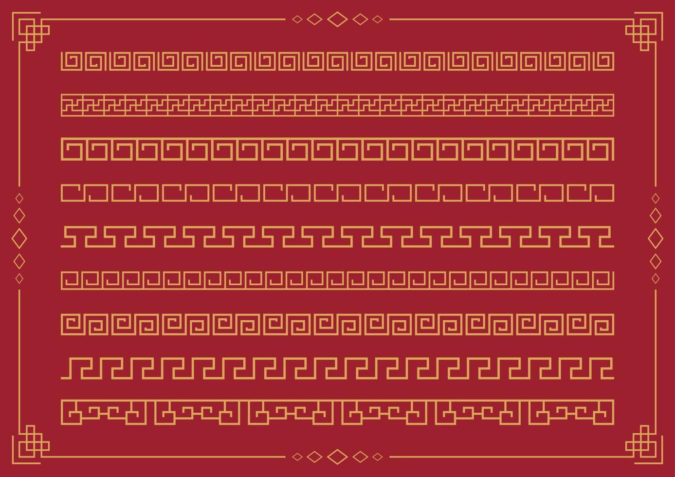 Set collection Vector border coil line pattern of symbol element oriental ornament design Traditional. The Chinese new year 2023 festival Asian style decoration frame template golden on red background