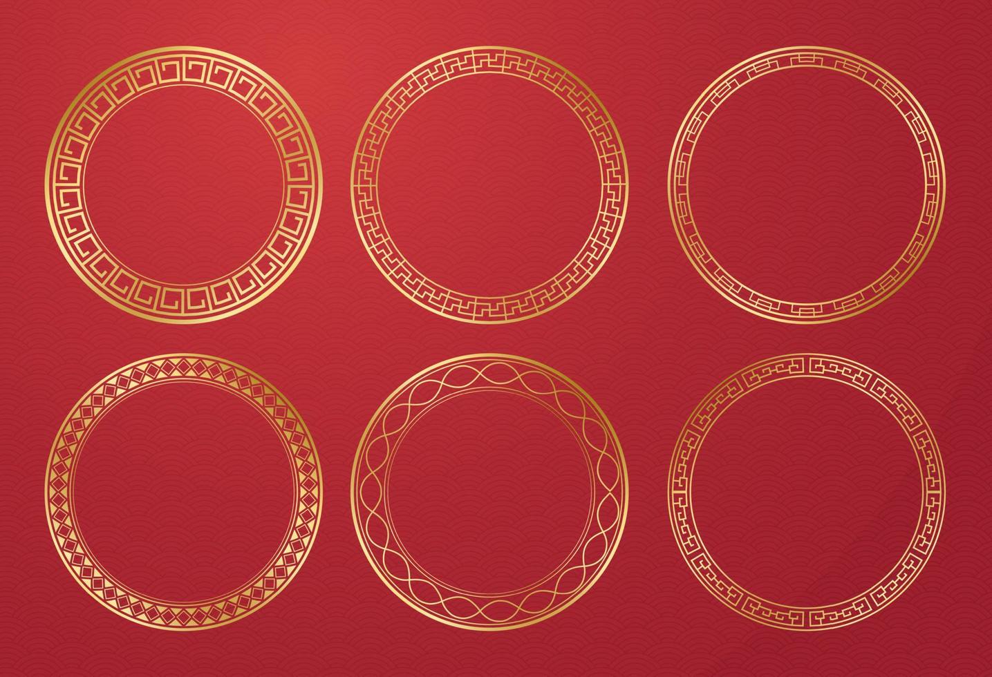 Collection Set vector decorative Traditional circle golden border round frame embellishment to celebrate Chinese new year festival. floral meander pattern Oriental Asian line pattern ornament style.
