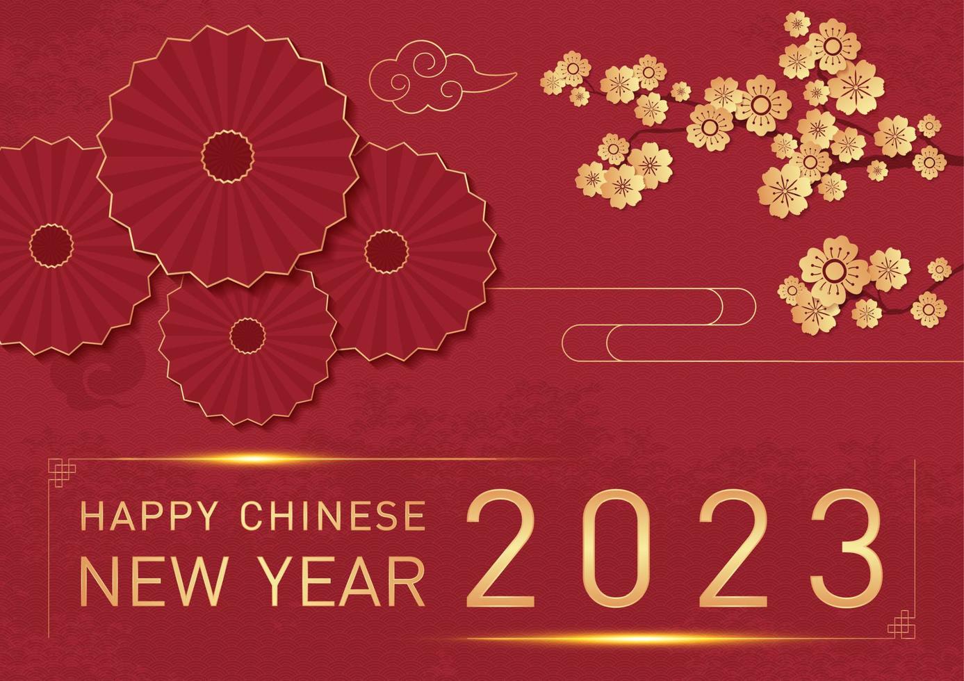 Happy Chinese new year 2023. Lunar rabbit zodiac symbol. oriental ornament design element Sakura blossom flower branches, fan, cloud traditional style red and golden modern Asian vector background.