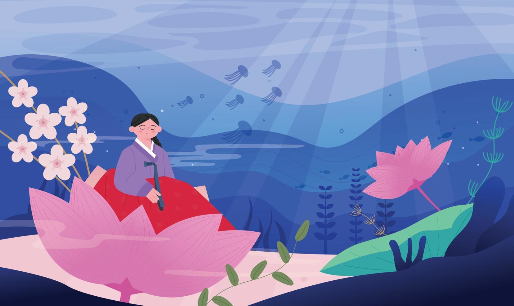 Korean traditional fairy tale. A girl is sitting on a large lotus flower in the sea. vector