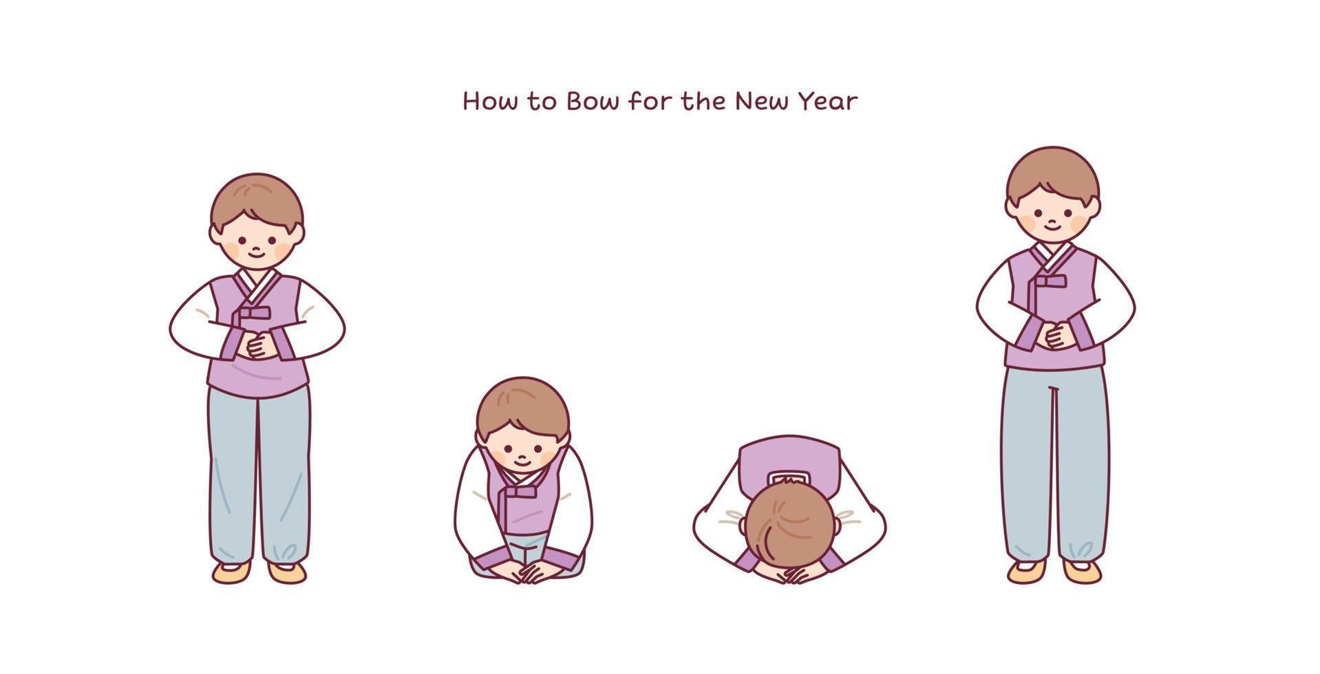 A boy wearing a hanbok is doing a traditional Korean greeting. How to