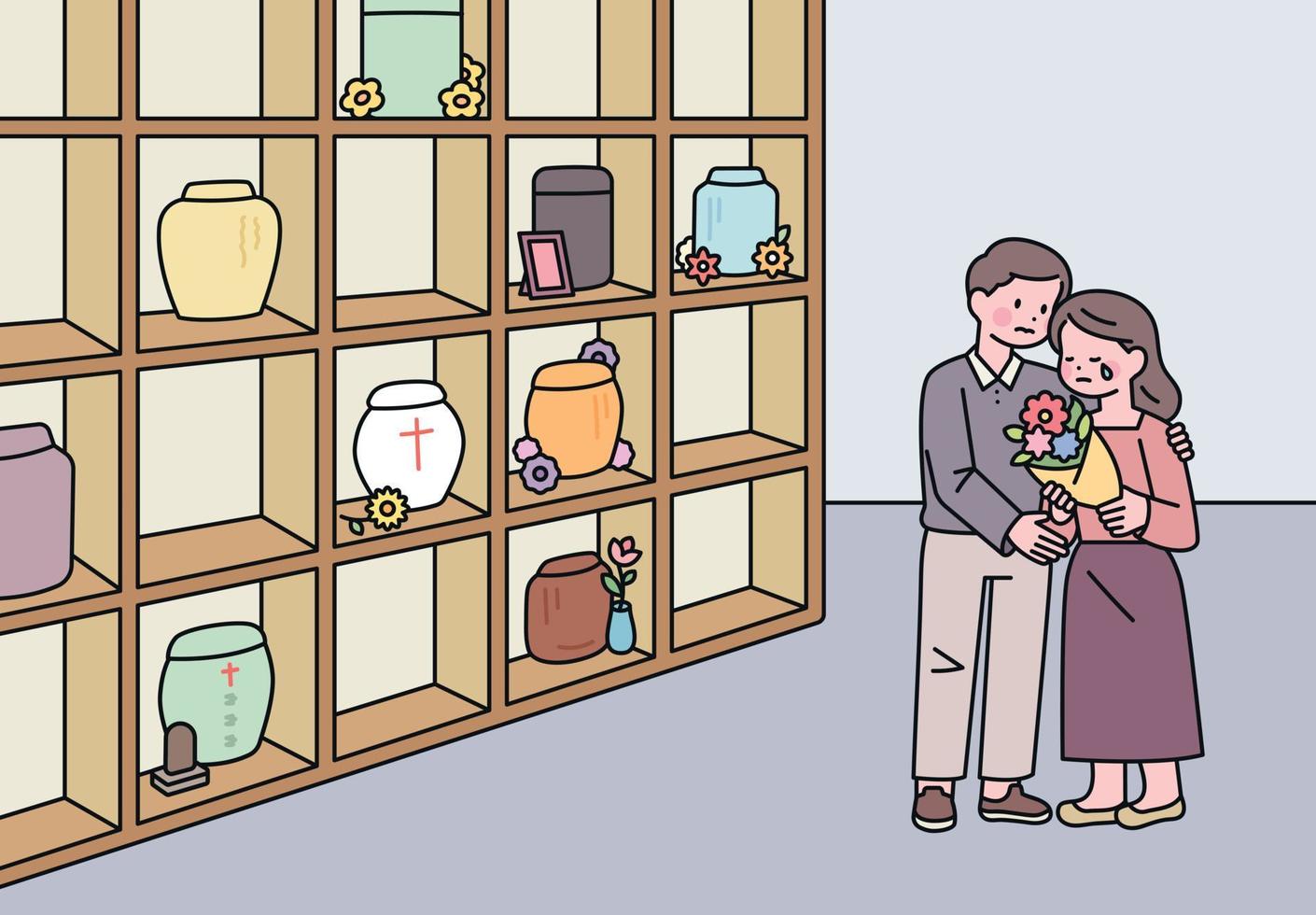 A man and a woman mourn with flowers in a memorial house with a cremation urn. vector