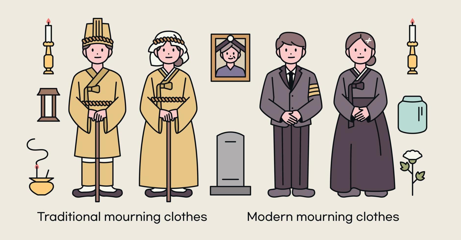 A bereaved character holding a funeral. Korean traditional hemp cloth and modern clothing. It is composed with a funeral object. vector