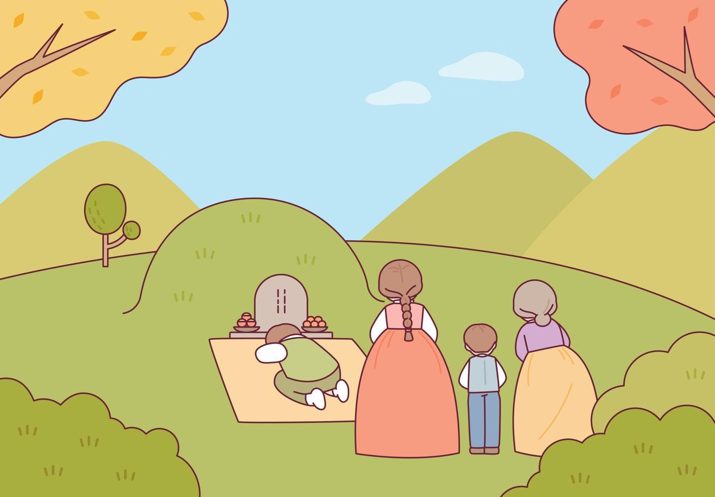 Families are visiting and bowing at the graves of their ancestors. vector