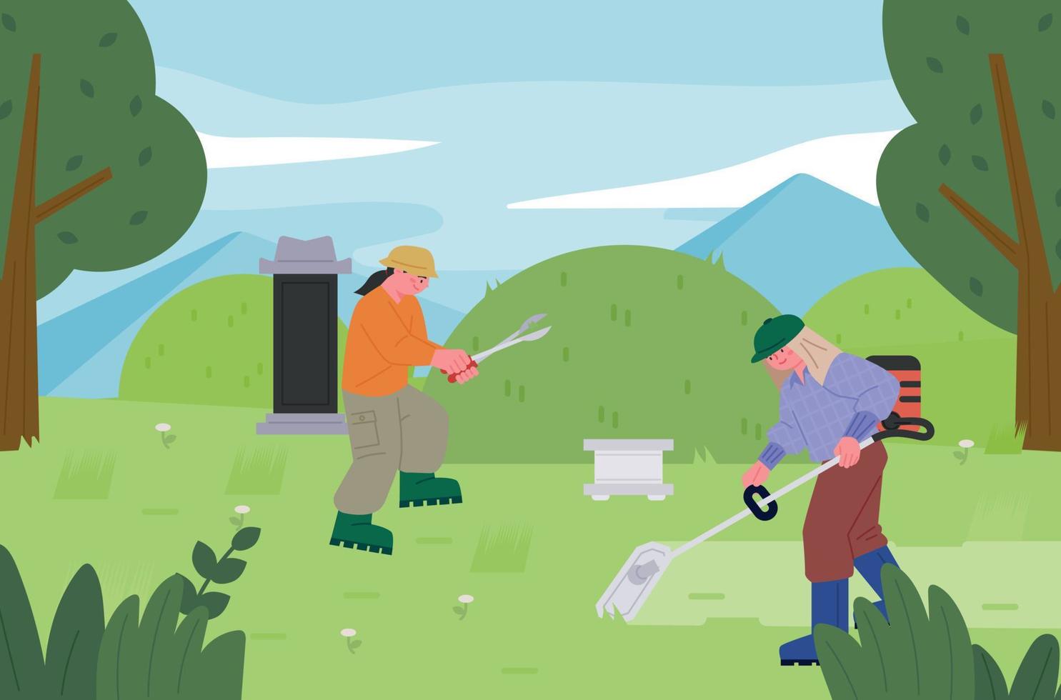 People who cut grass and maintain the graves of their ancestors. vector