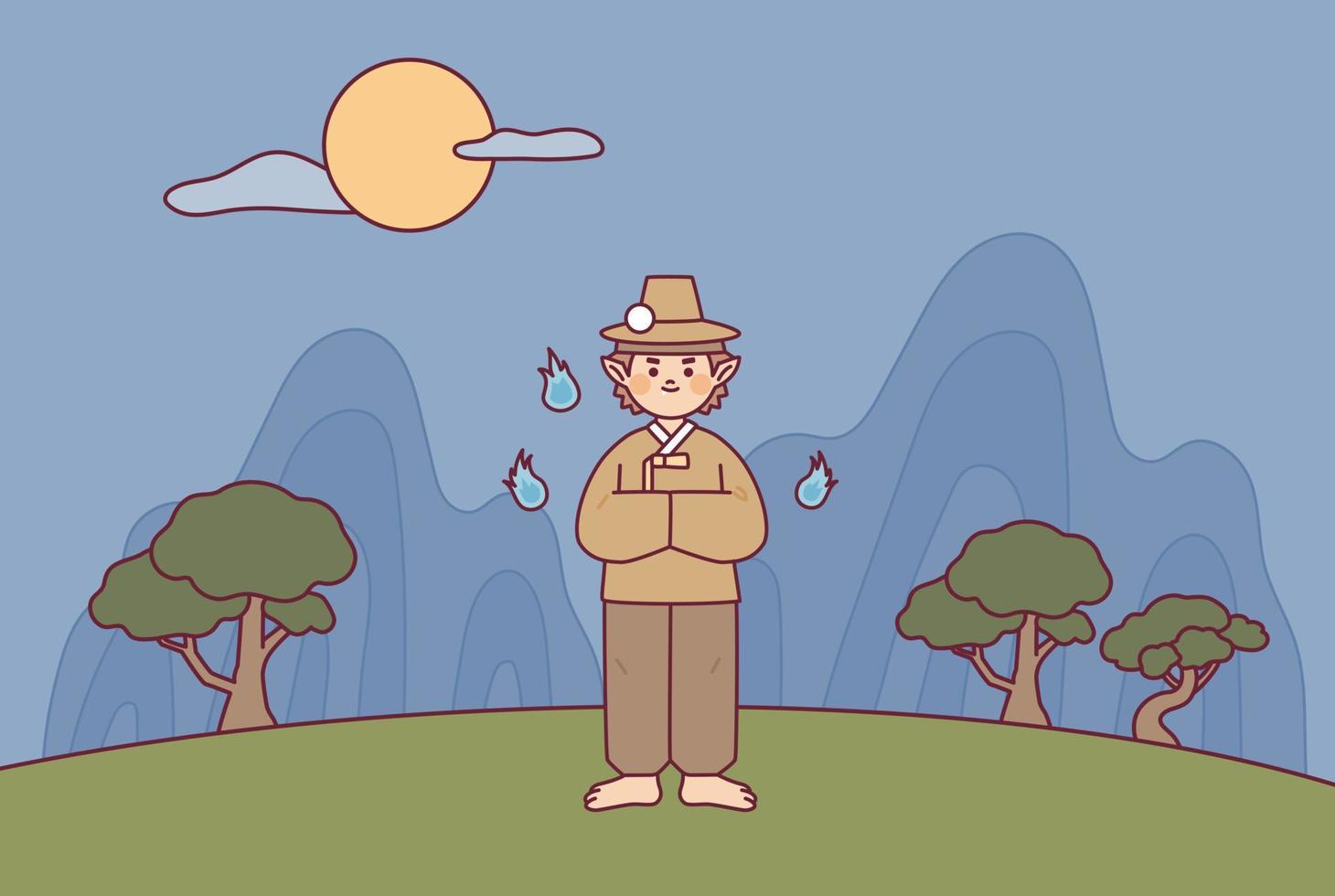 A goblin stands in the mountains on a full moon night. vector