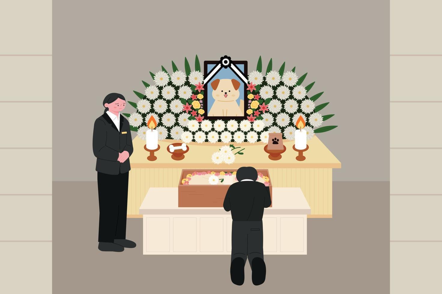 A funeral for a pet. A picture of a table with food and a dog decorated with flowers. family in mourning. vector