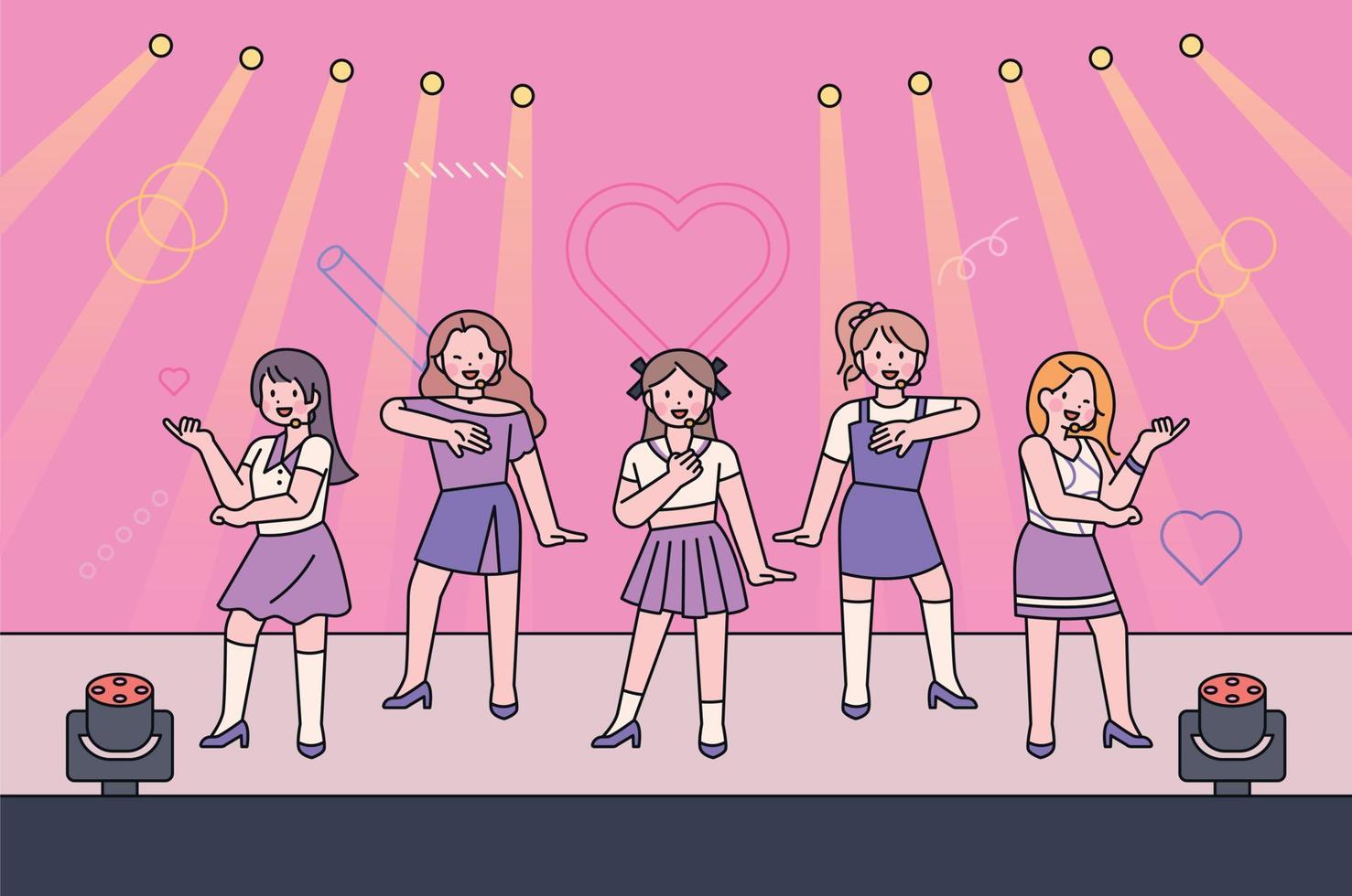 A girl group idol is performing on a fancy stage. They are dancing and singing on stage. vector
