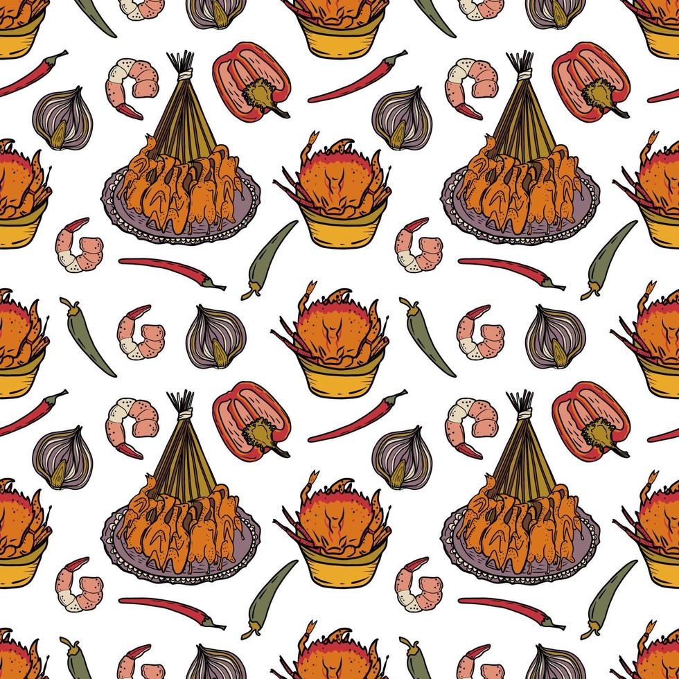 Vector Panasian food seamless pattern. Hand drawn sketch with asian food such as noodles, shrimps, gingers, dumplings, roast ducks, spicy soup, fried crabs.