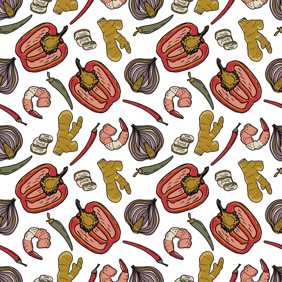 patrón sin costuras de comida panasia vectorial. boceto dibujado a mano con comida asiática como fideos, gambas, jengibre, albóndigas, patos asados, sopa picante, cangrejos fritos. vector