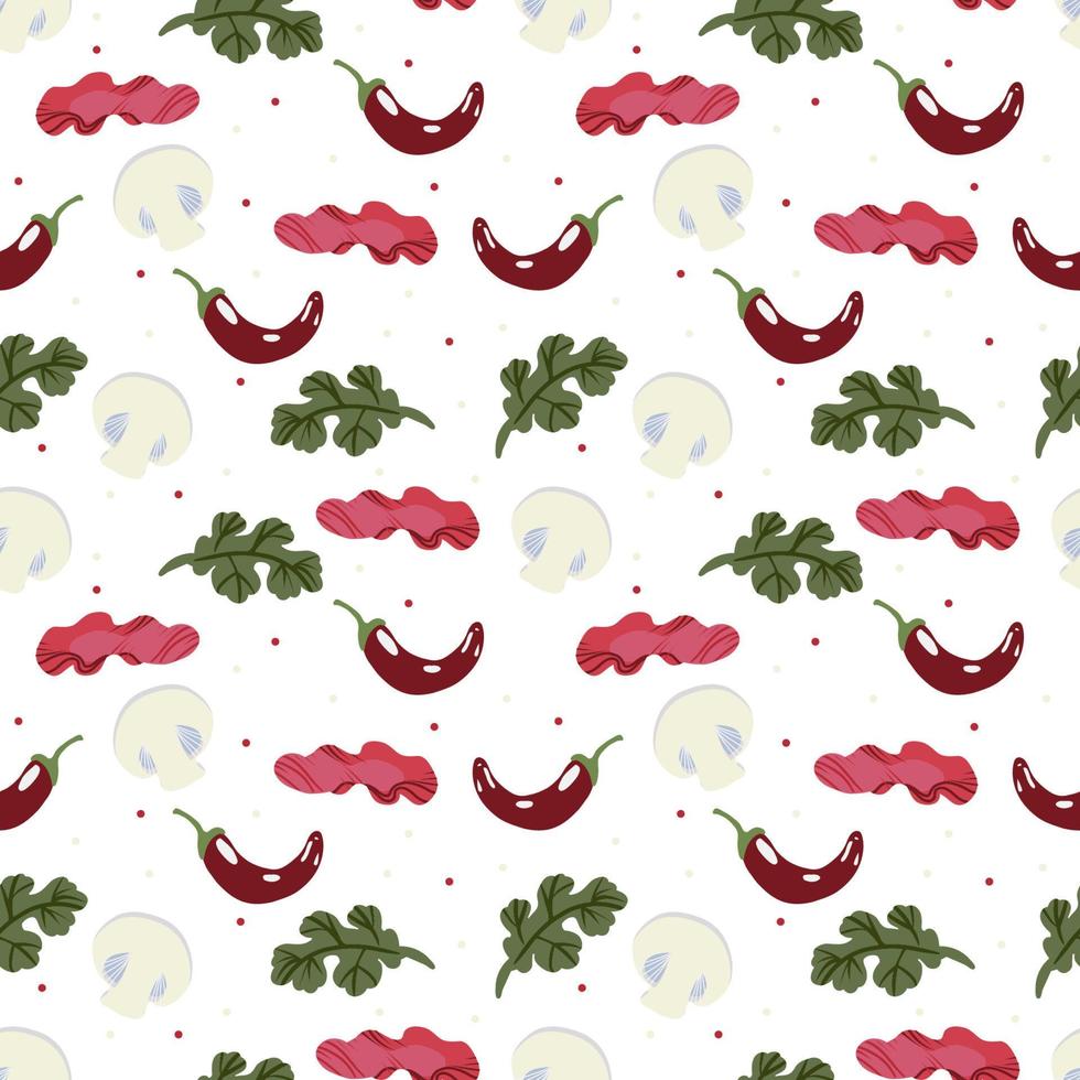 Vector Panasian food seamless pattern with asian food such as japanese sushi, lotus roots, gingers, mushrooms, vegetables, wasabi.