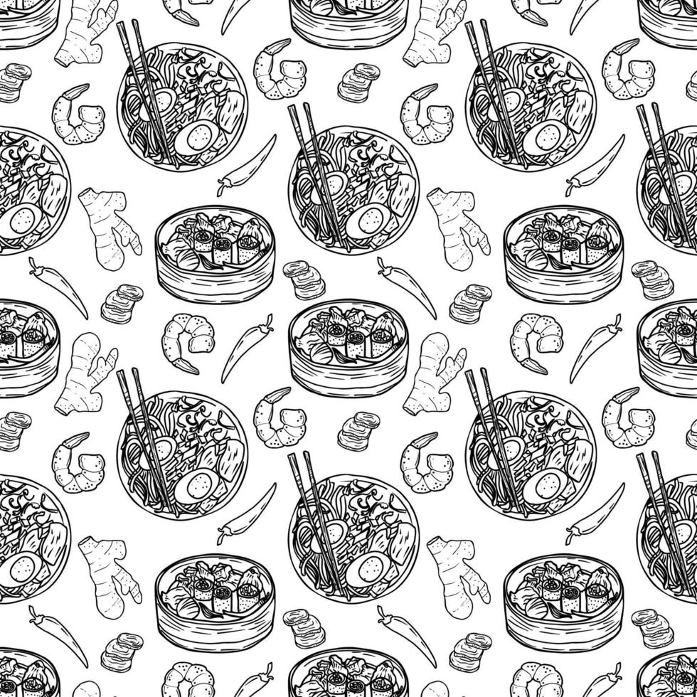 Vector Panasian food seamless pattern. Hand drawn sketch with asian food such as noodles, shrimps, gingers, dumplings, roast ducks, spicy soup, fried crabs.