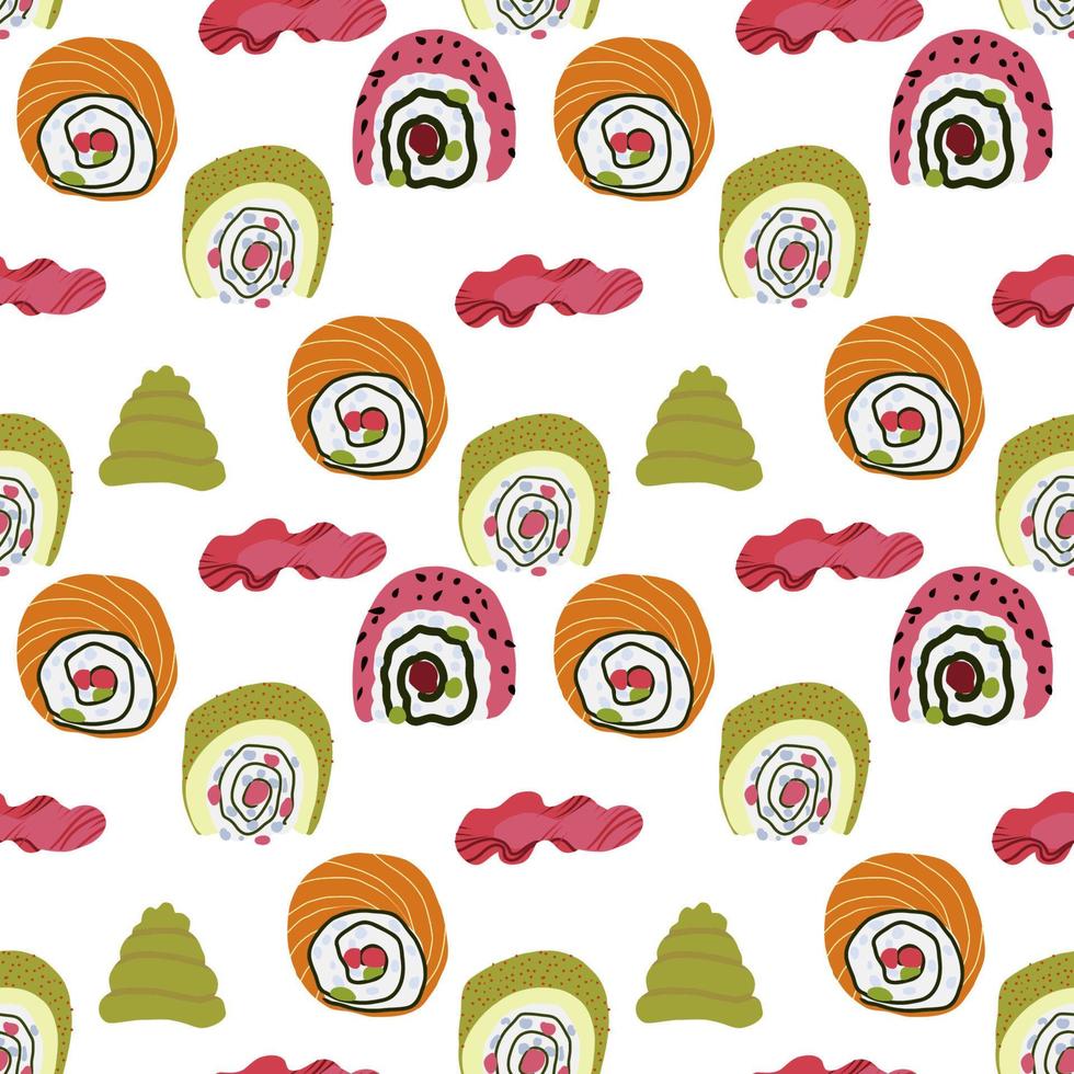 patrón transparente de comida panasiática vectorial con comida asiática como sushi japonés, raíces de loto, jengibre, champiñones, verduras, wasabi. vector