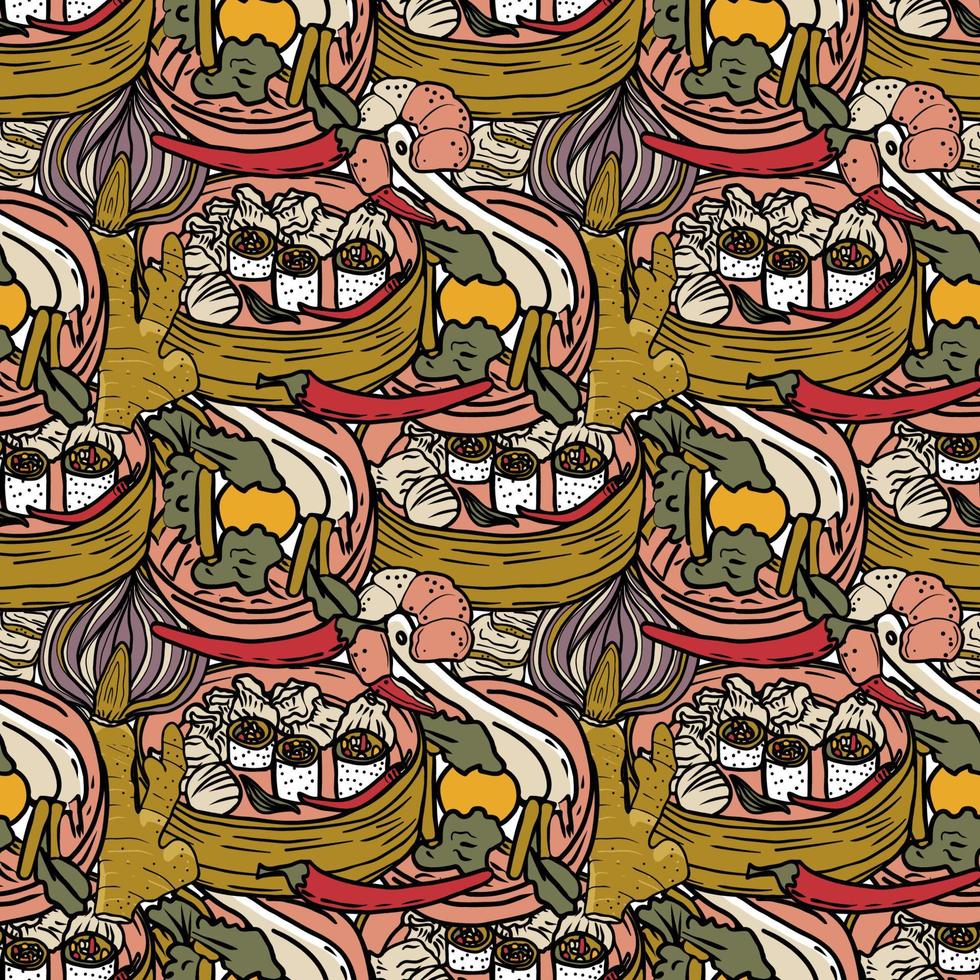 Vector Panasian food seamless pattern. Hand drawn sketch with asian food such as noodles, shrimps, gingers, dumplings, spicy soup.