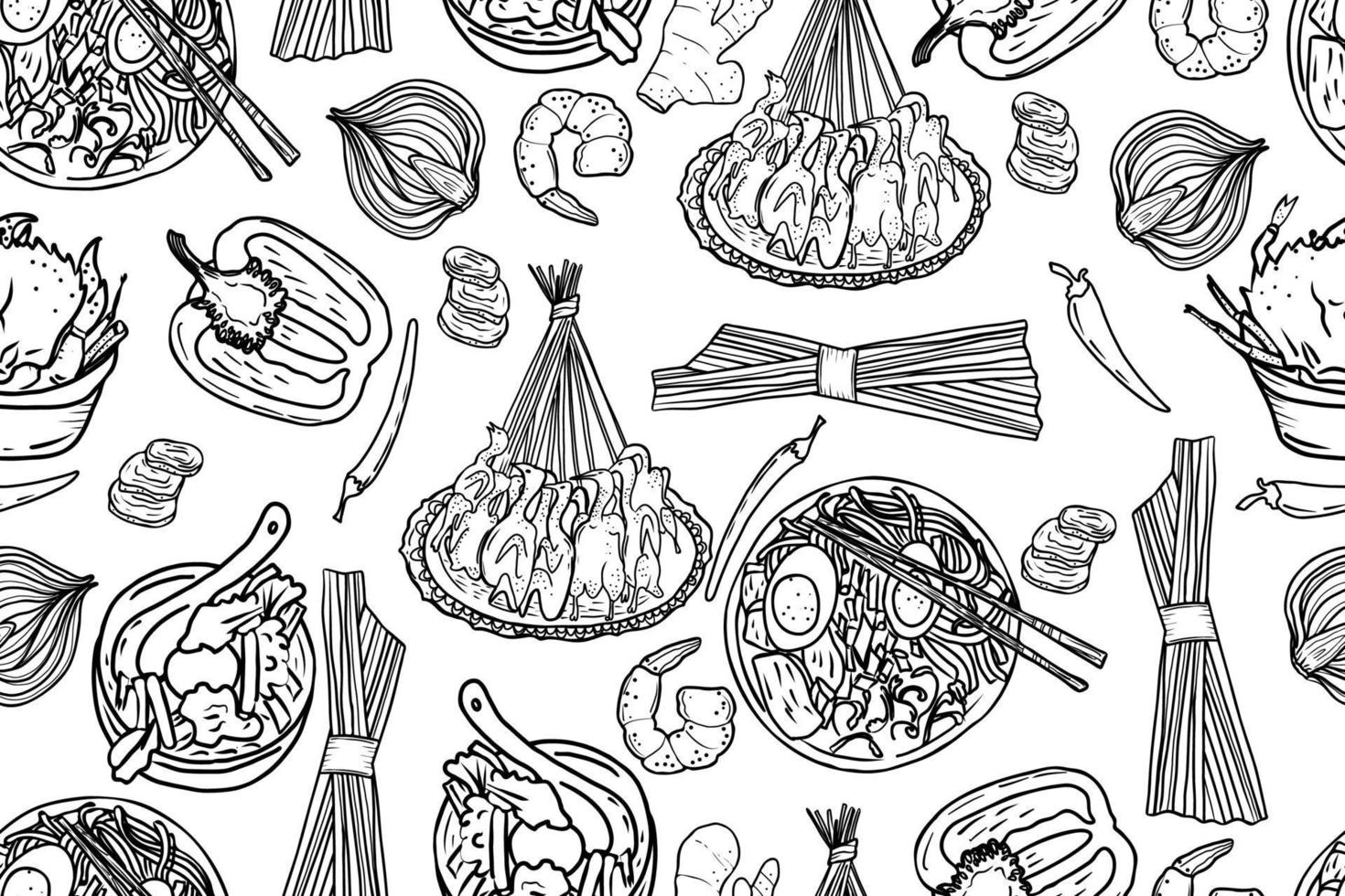 patrón sin costuras de comida panasia vectorial. boceto dibujado a mano con comida asiática como fideos, gambas, jengibre, albóndigas, patos asados, sopa picante, cangrejos fritos. vector