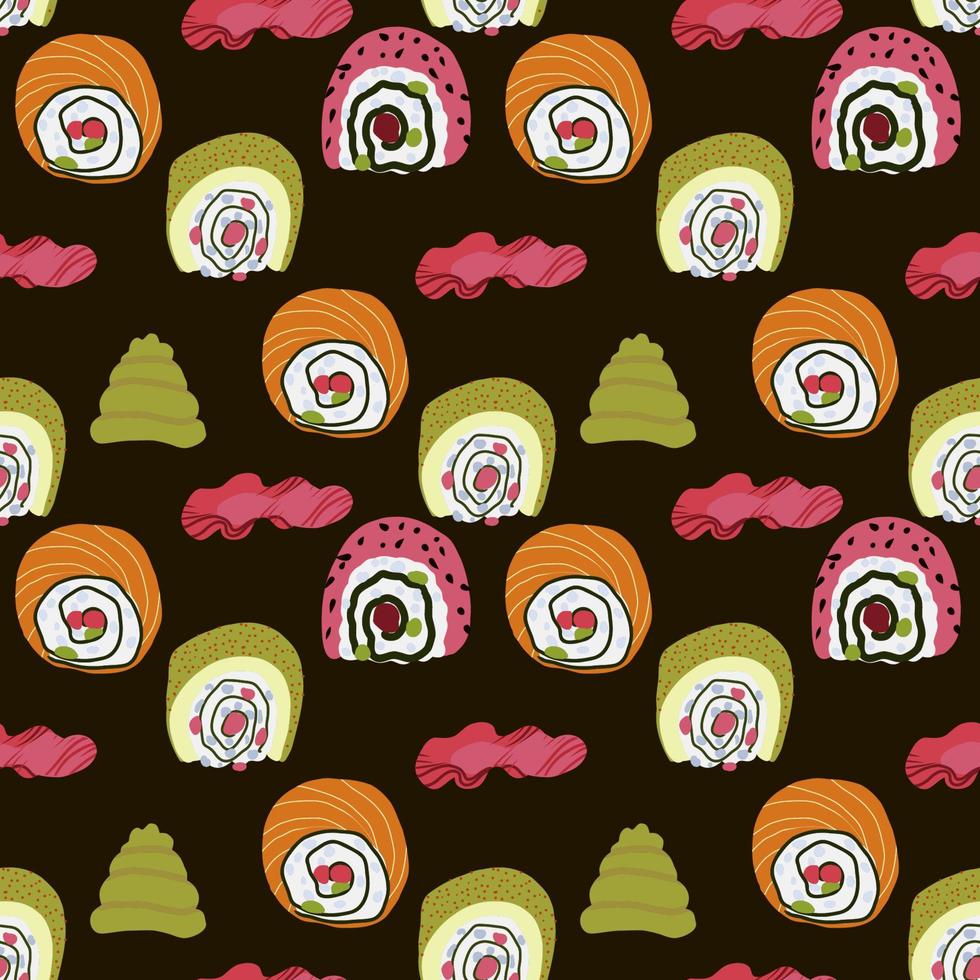 Vector Panasian food seamless pattern with asian food such as japanese sushi, lotus roots, gingers, mushrooms, vegetables, wasabi.