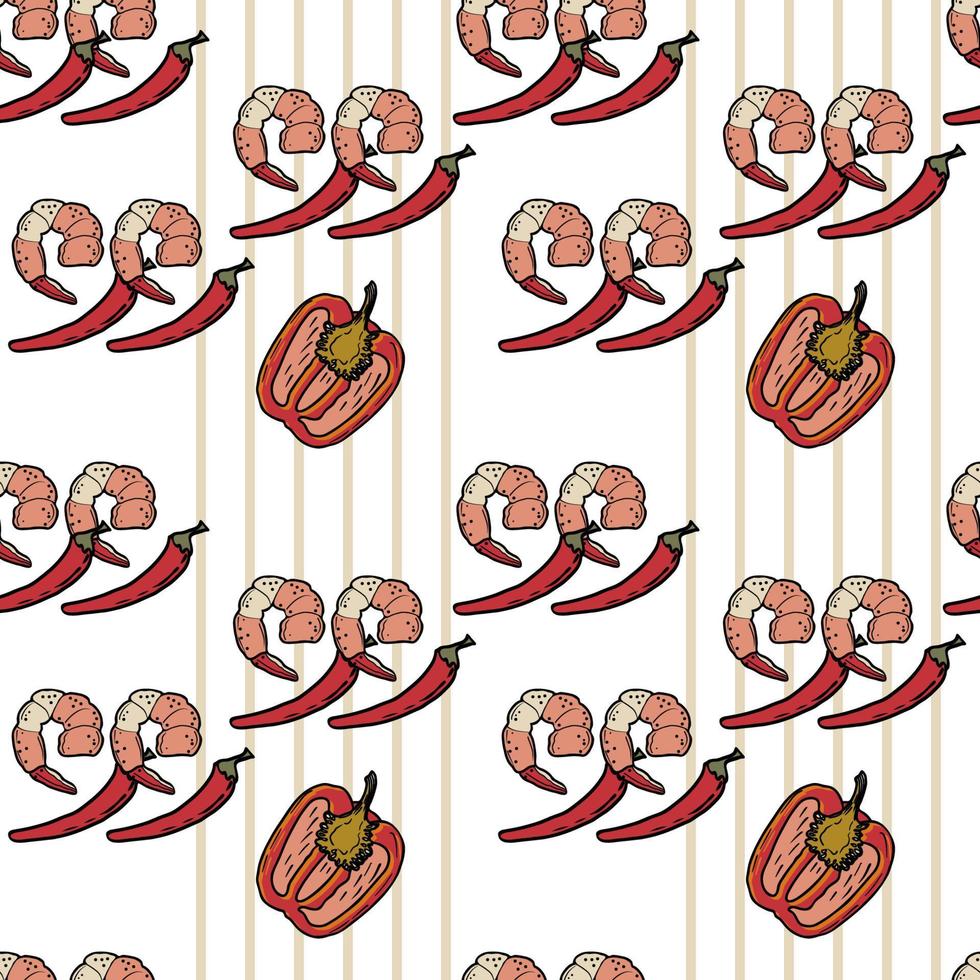 patrón sin costuras de comida panasia vectorial. boceto dibujado a mano con comida asiática como fideos, gambas, jengibre, albóndigas, sopa picante. vector