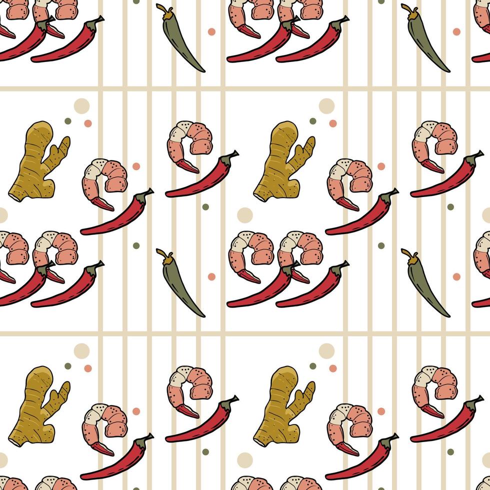 Vector Panasian food seamless pattern. Hand drawn sketch with asian food such as noodles, shrimps, gingers, dumplings, spicy soup.