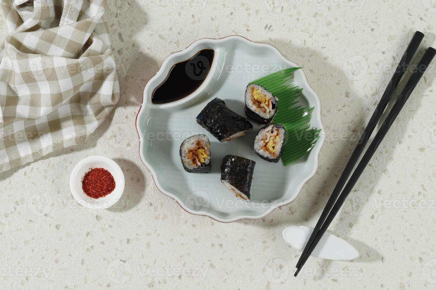 Top View Mini Sushi with Egg and Beef Floss photo