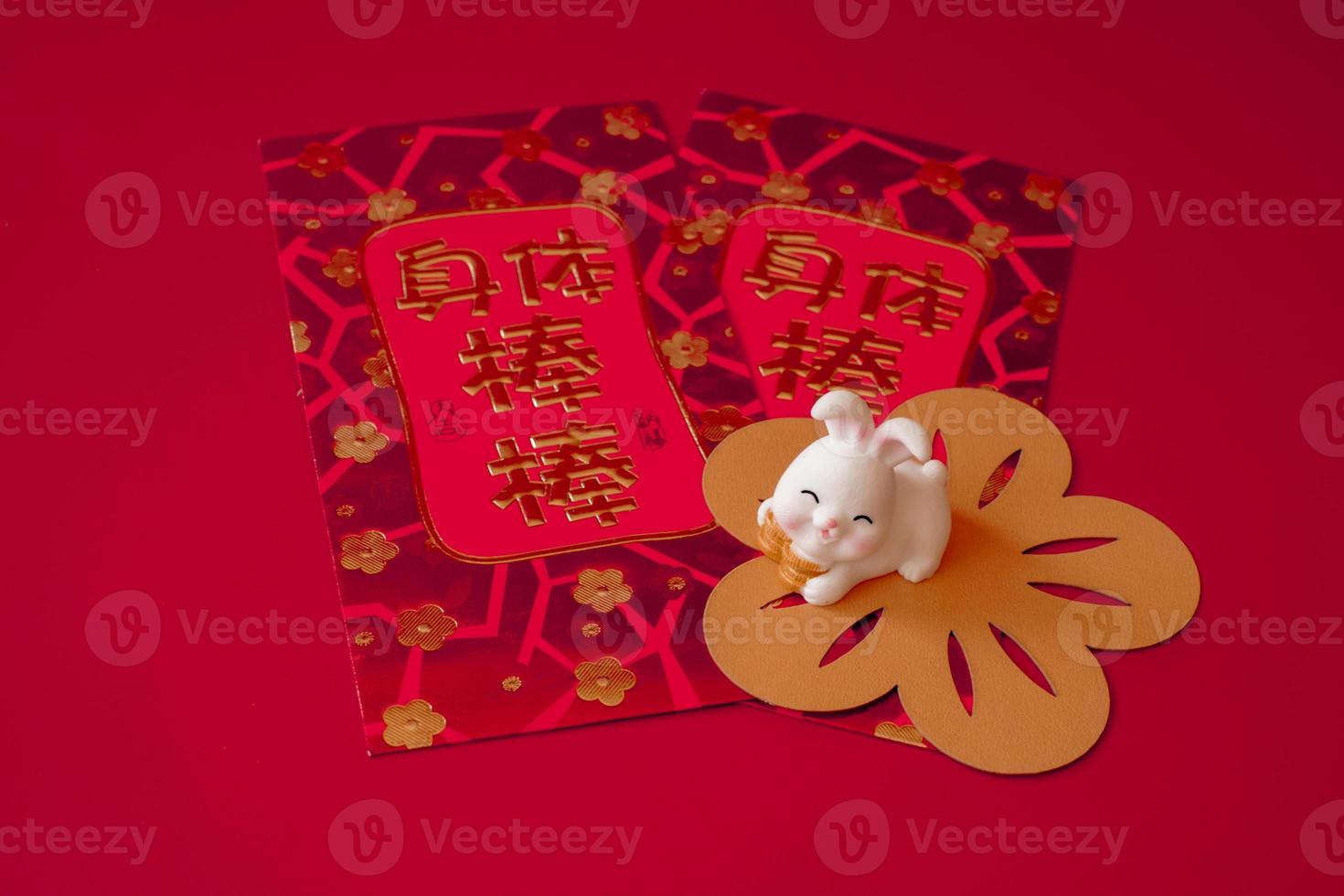 Chinese New Year of the rabbit festival concept. Rabbit on red envelopes isolated on red background. Happy New Year Chinese Rabbit 2023. Chinese characters means rich, wealthy, healthy and happy. photo