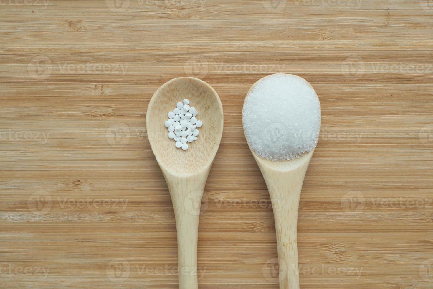 comparing Sugar Substitute sweetener and raw sugar on a wooden spoon photo