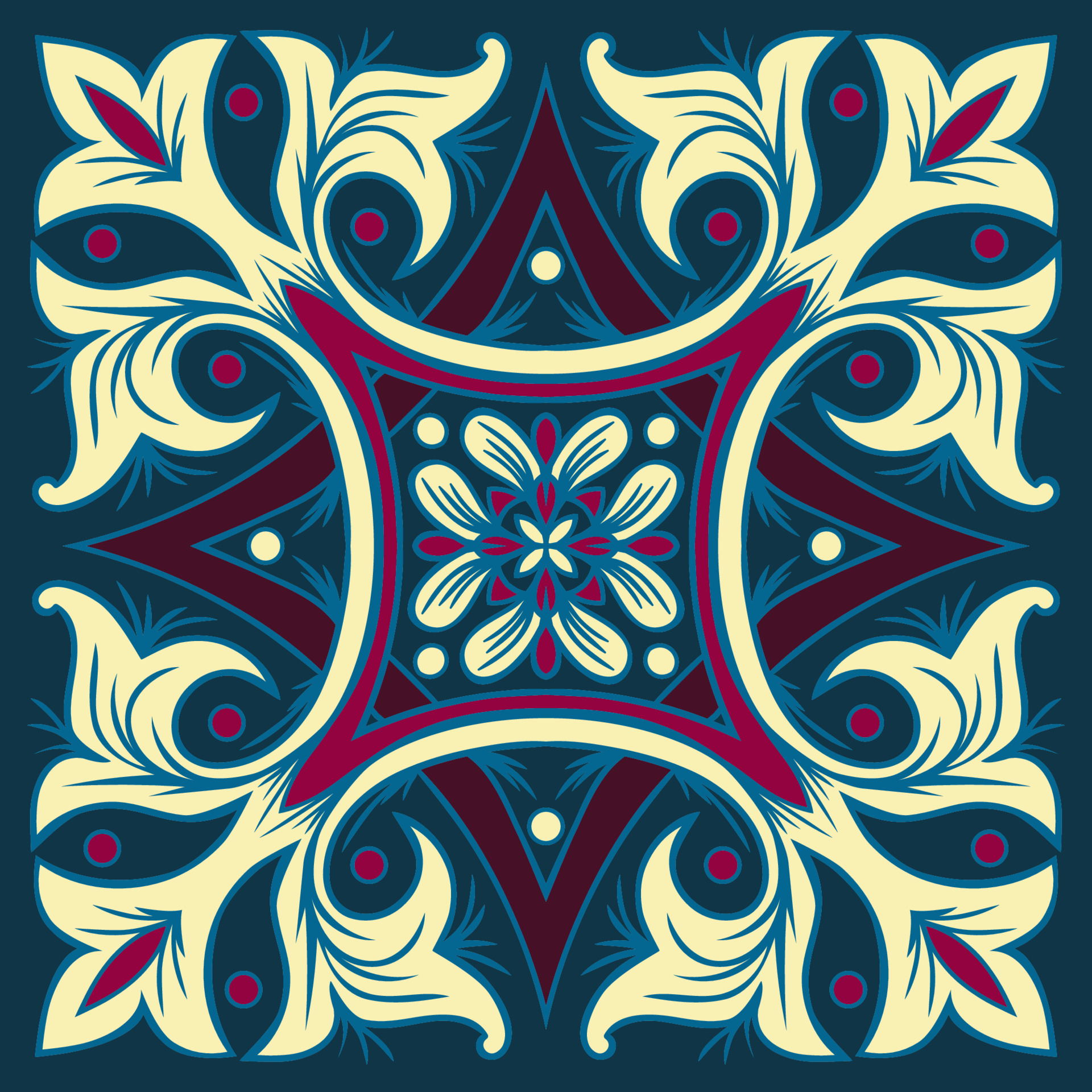 Hand drawing tile pattern in dark blue, purple and yellow colors