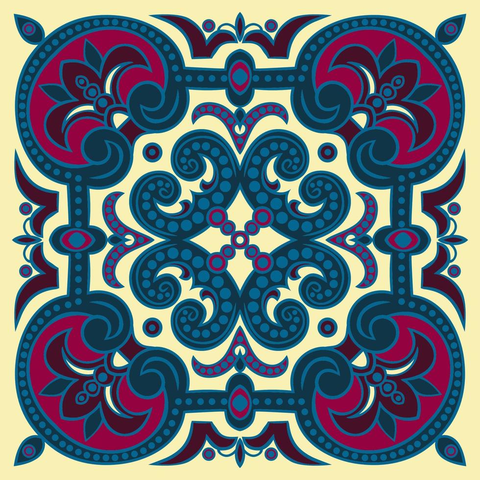 Hand drawing tile pattern in dark blue, purple and yellow colors. Italian majolica style. vector