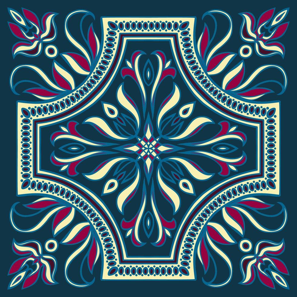 Hand drawing tile pattern in dark blue, purple and yellow colors. Italian majolica style. vector