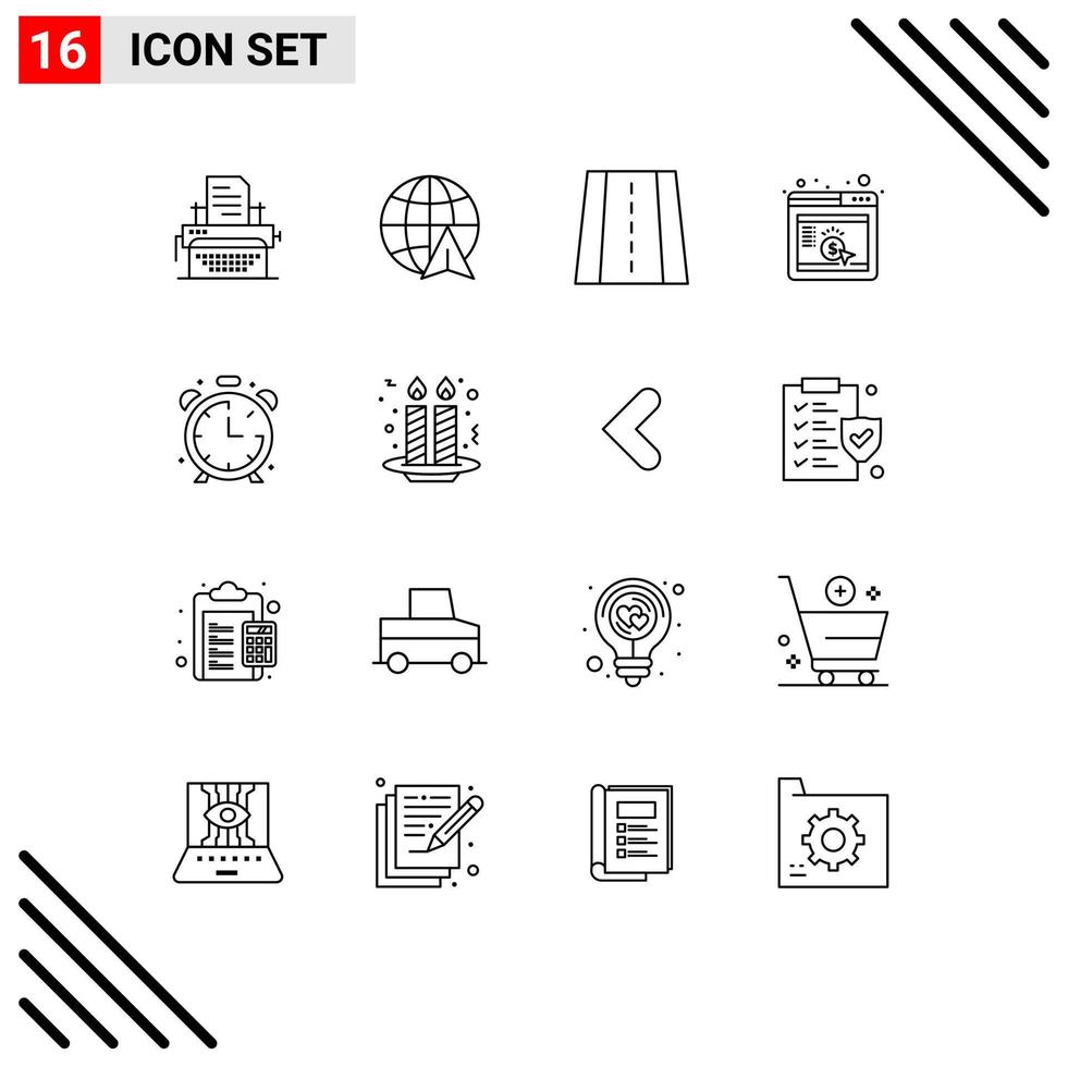 16 Universal Outlines Set for Web and Mobile Applications timer clock road alarm browser Editable Vector Design Elements