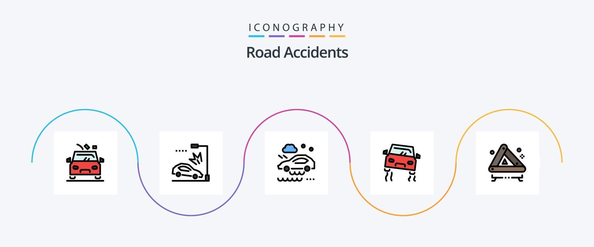 la línea de accidentes de tráfico llenó el paquete de iconos planos 5 que incluye emergencia. patinando. mal tiempo. camino. accidente vector