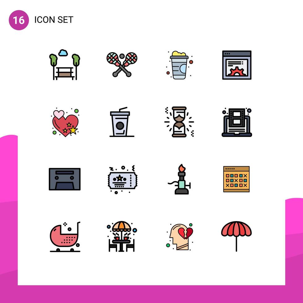 Mobile Interface Flat Color Filled Line Set of 16 Pictograms of beverage rate drink love setting Editable Creative Vector Design Elements