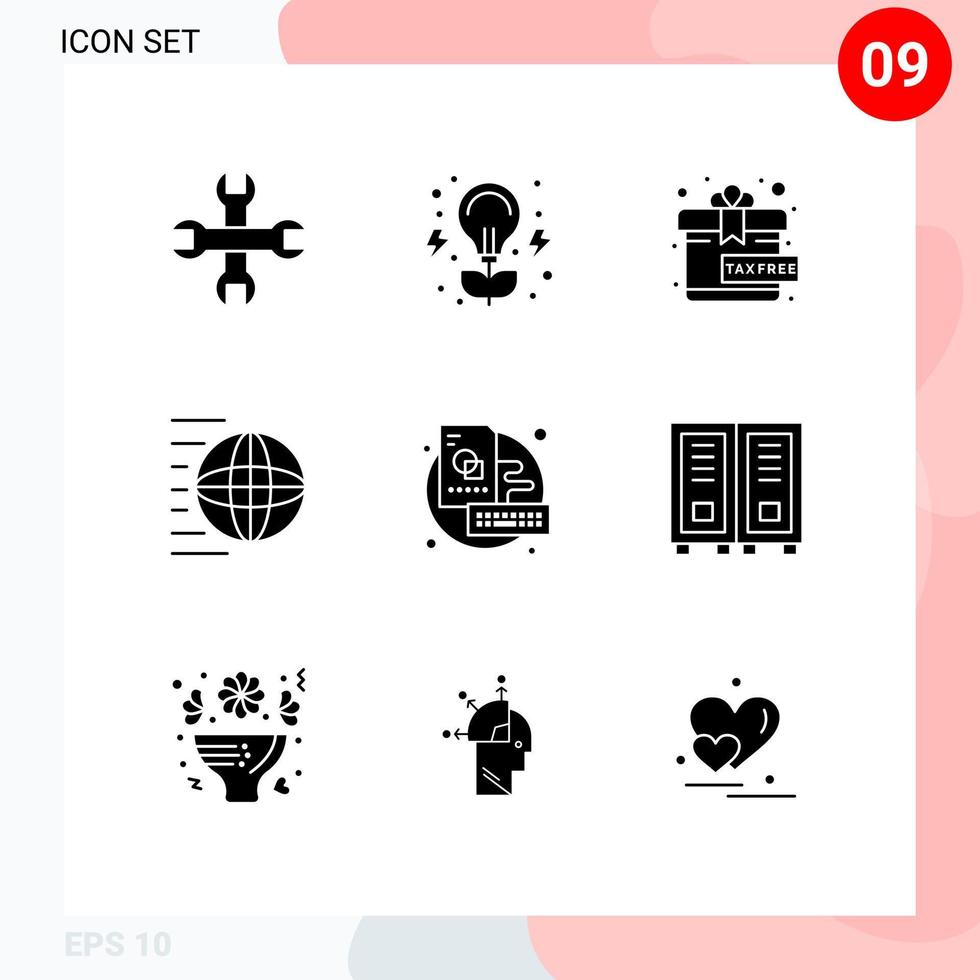 Group of 9 Modern Solid Glyphs Set for sketch board gift transport shipping services Editable Vector Design Elements