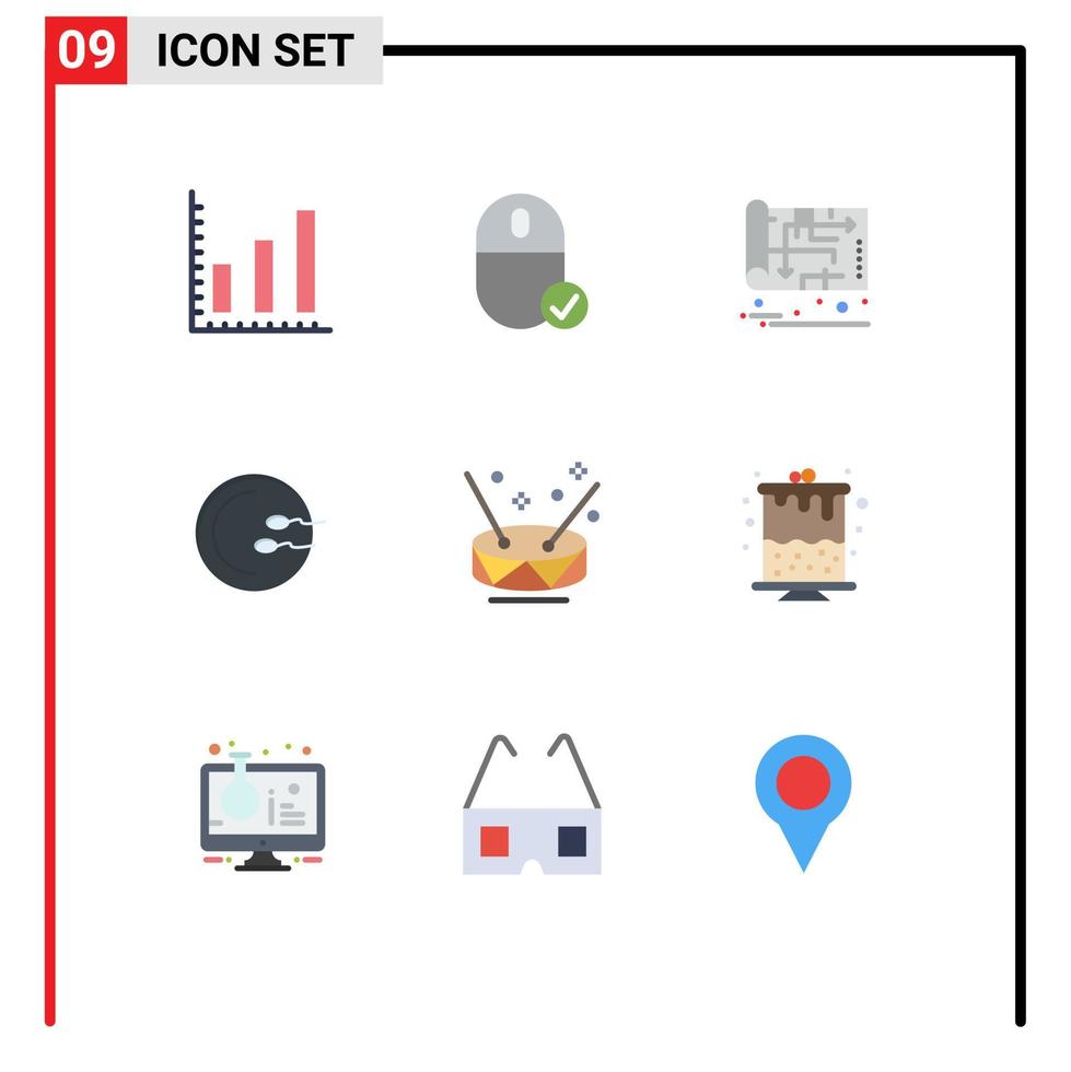 conjunto de 9 paquetes de colores planos comerciales para elementos de diseño vectorial editables del plan médico de reproducción de tambor vector