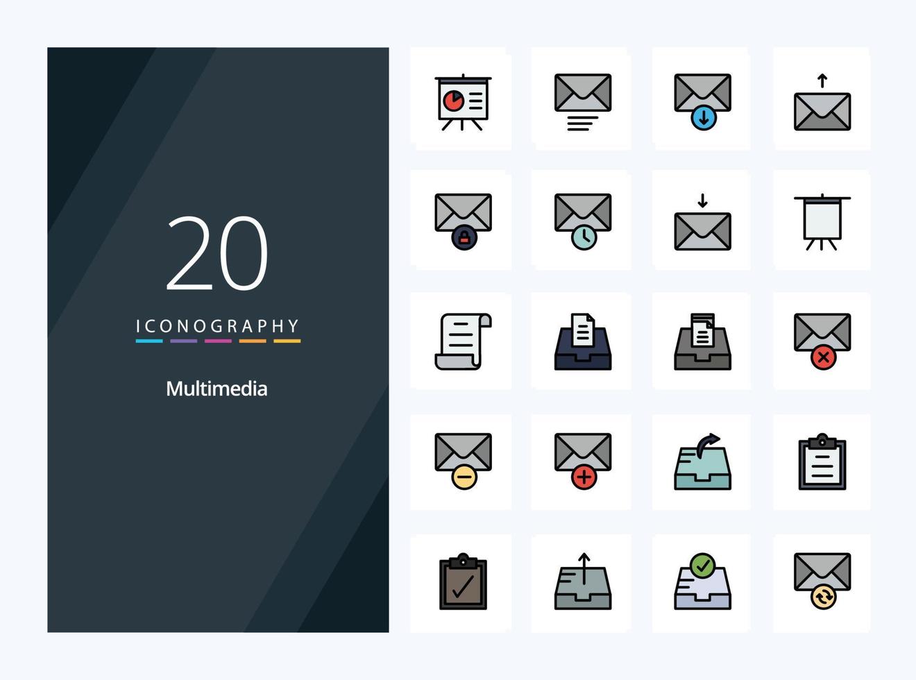 20 Multimedia line Filled icon for presentation vector