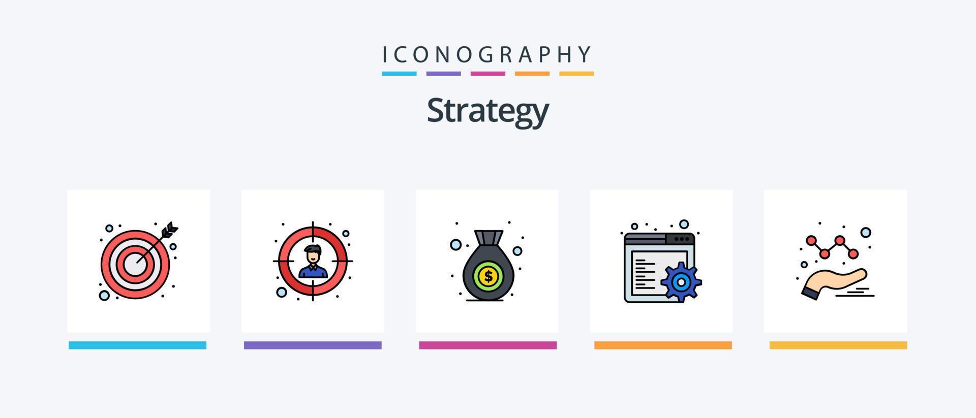 la línea de estrategia llenó el paquete de 5 iconos, incluida la tarea. lista. ordenador portátil. negocio. engranaje. diseño de iconos creativos vector