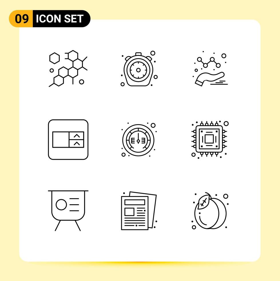 paquete de 9 signos y símbolos de contornos modernos para medios de impresión web, como el indicador de análisis de velocidad de Internet, cuadro de selección, elementos de diseño de vectores editables