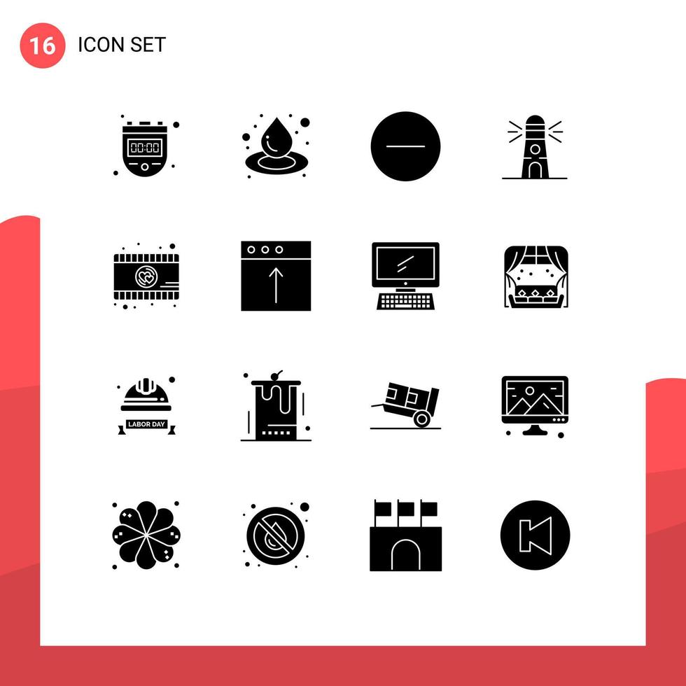 User Interface Pack of 16 Basic Solid Glyphs of video player romantic movie media house building Editable Vector Design Elements