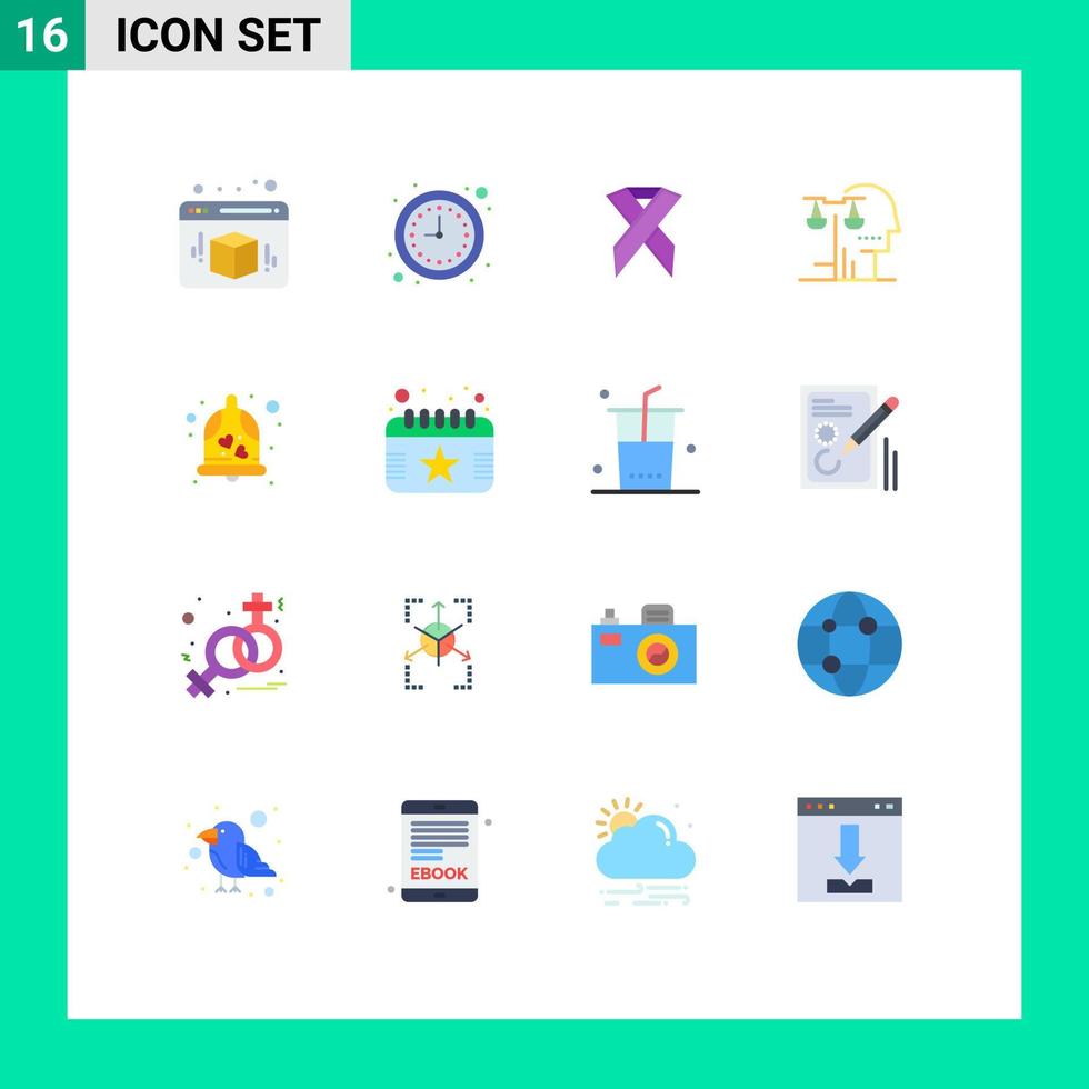 Mobile Interface Flat Color Set of 16 Pictograms of love law aids judgment court Editable Pack of Creative Vector Design Elements