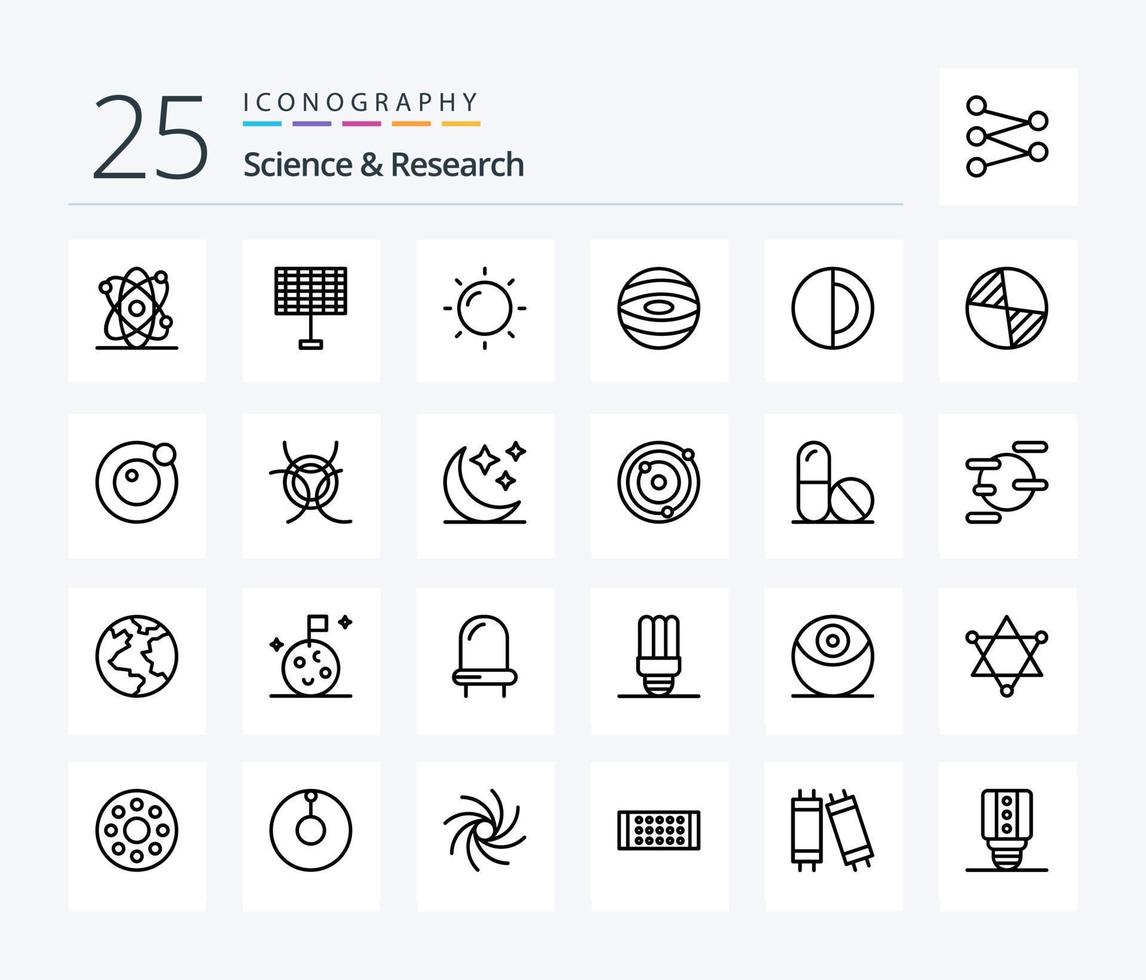 Science 25 Line icon pack including gravity. center. jupiter. sun. space vector